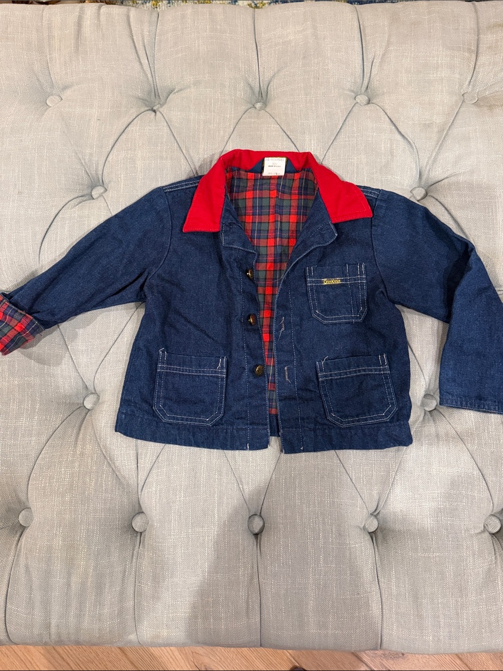 OshKosh B'gosh Denim Jacket with Red Collar and Plaid Lining